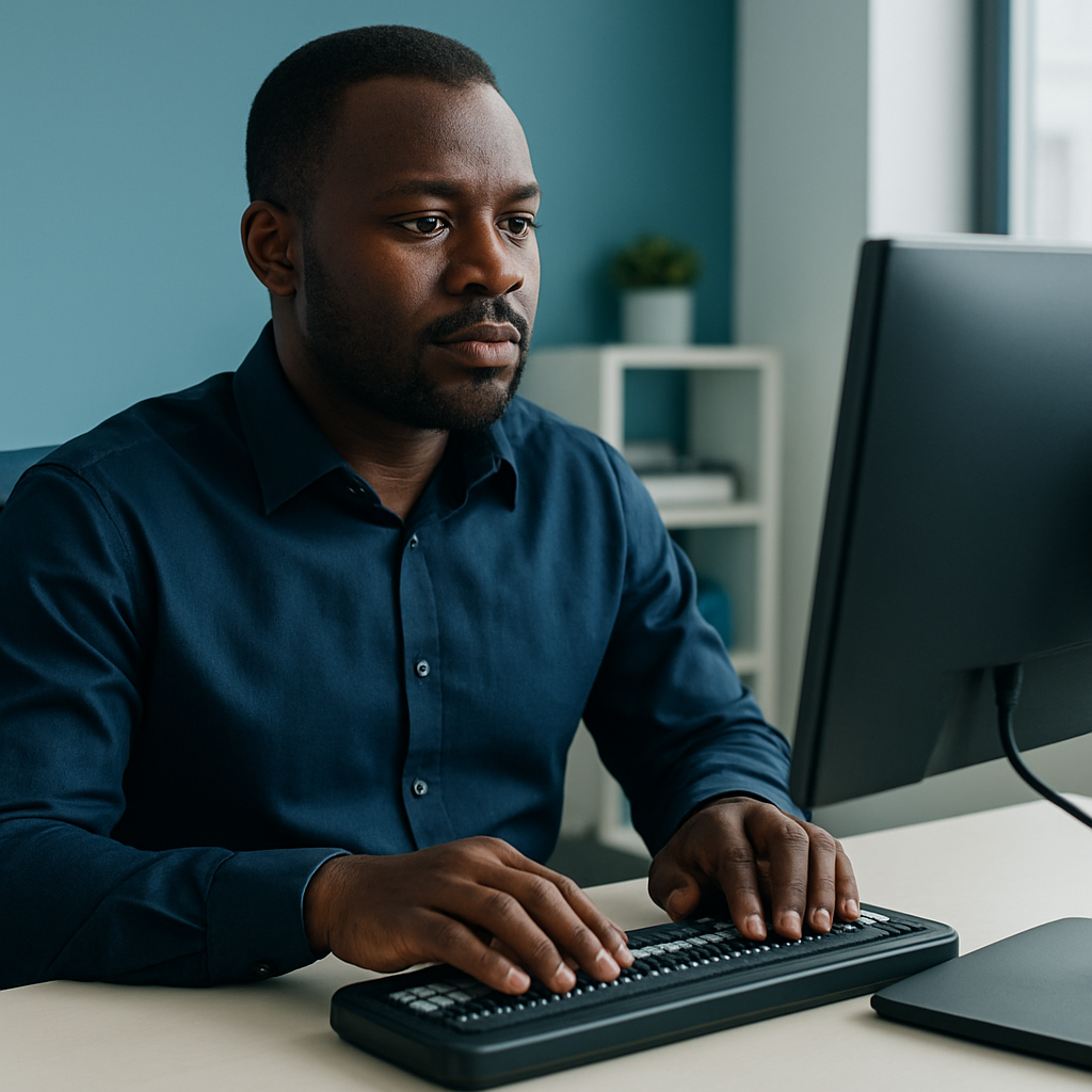 The founder of Inclusive Tech Bridge working confidently at a computer using a braille display and assistive technology.